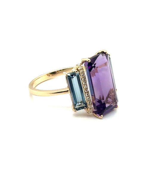 7.47 Cttw 14kt Yellow Gold Amethyst, London Blue Topaz, And Diamond Ring