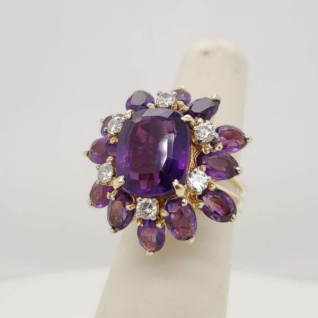 Vintage 14kt Yellow Gold Amethyst and Diamond Ring