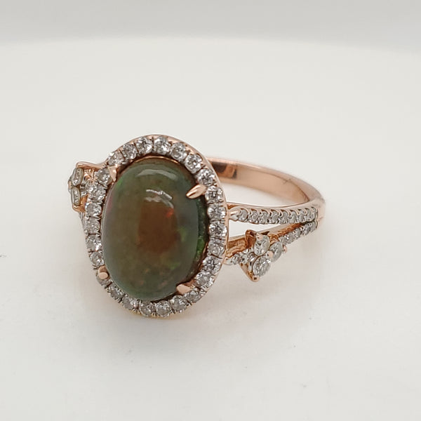 14kt Rose Gold Oval Opal and Diamond Ring