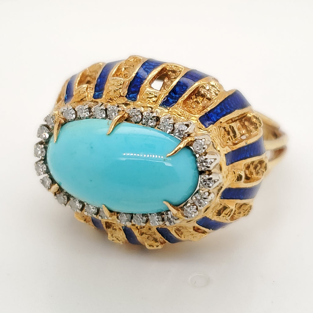 Vintage 18kt Yellow Gold Turquoise and Diamond Enamel Ring