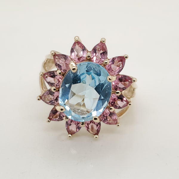 10kt Yellow Gold Blue and Pink Topaz Ring
