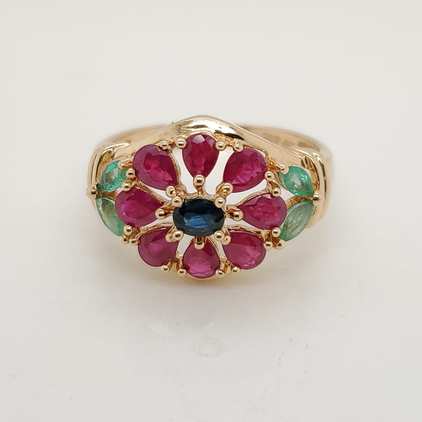 Vintage 14kt Yellow Gold Emerald Ruby and Sapphire Ring