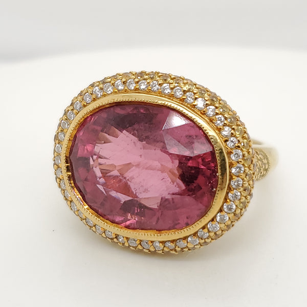 18Kt Yellow Gold Rubelite Tourmaline Yellow Sapphire & Diamond  Ring
