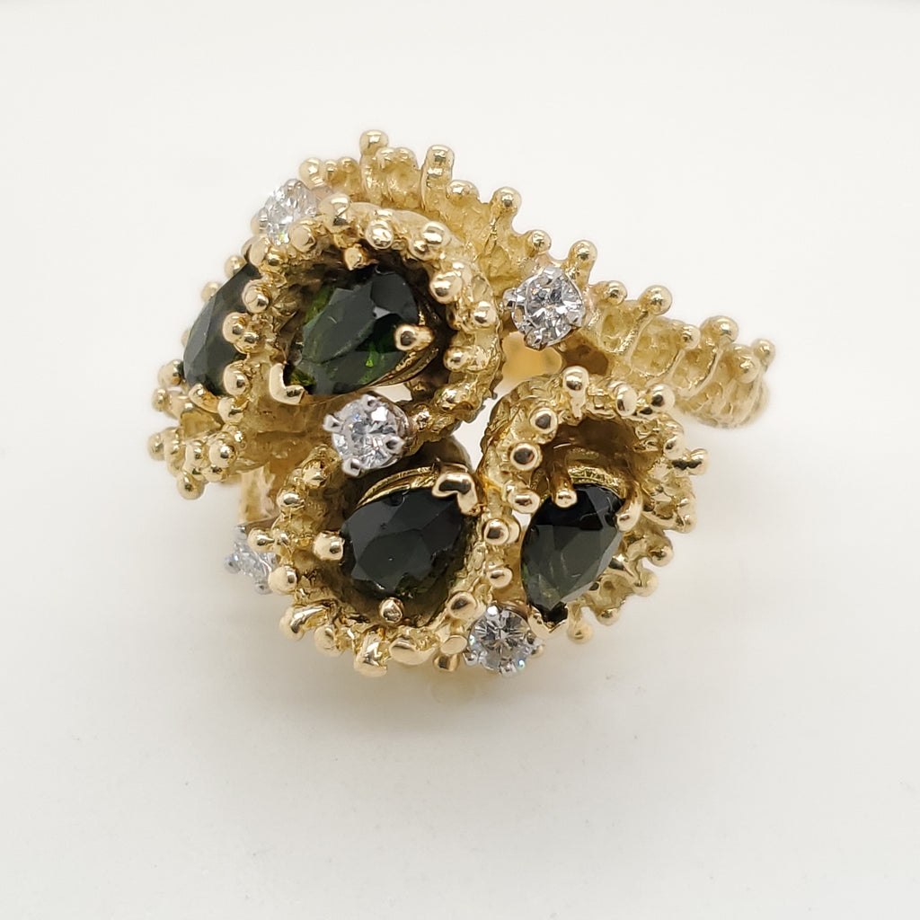 Vintage 18kt Yellow Gold Brutalist Design Green Tourmaline and Diamond Ring