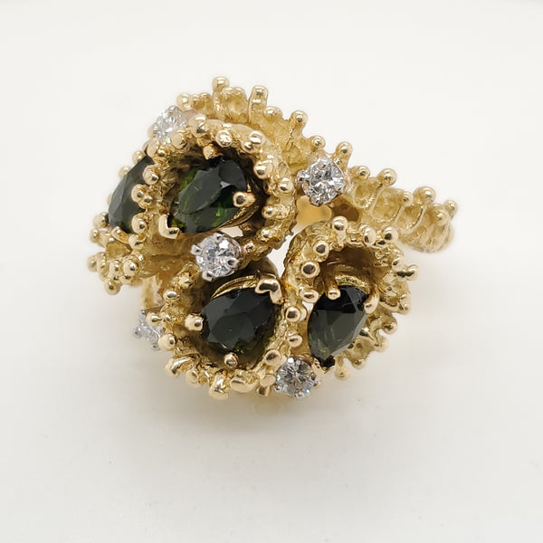 Vintage 18kt Yellow Gold Brutalist Design Green Tourmaline and Diamond Ring