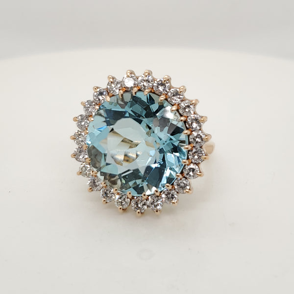 14kt Yellow Gold Round Aquamarine and Diamond Ring