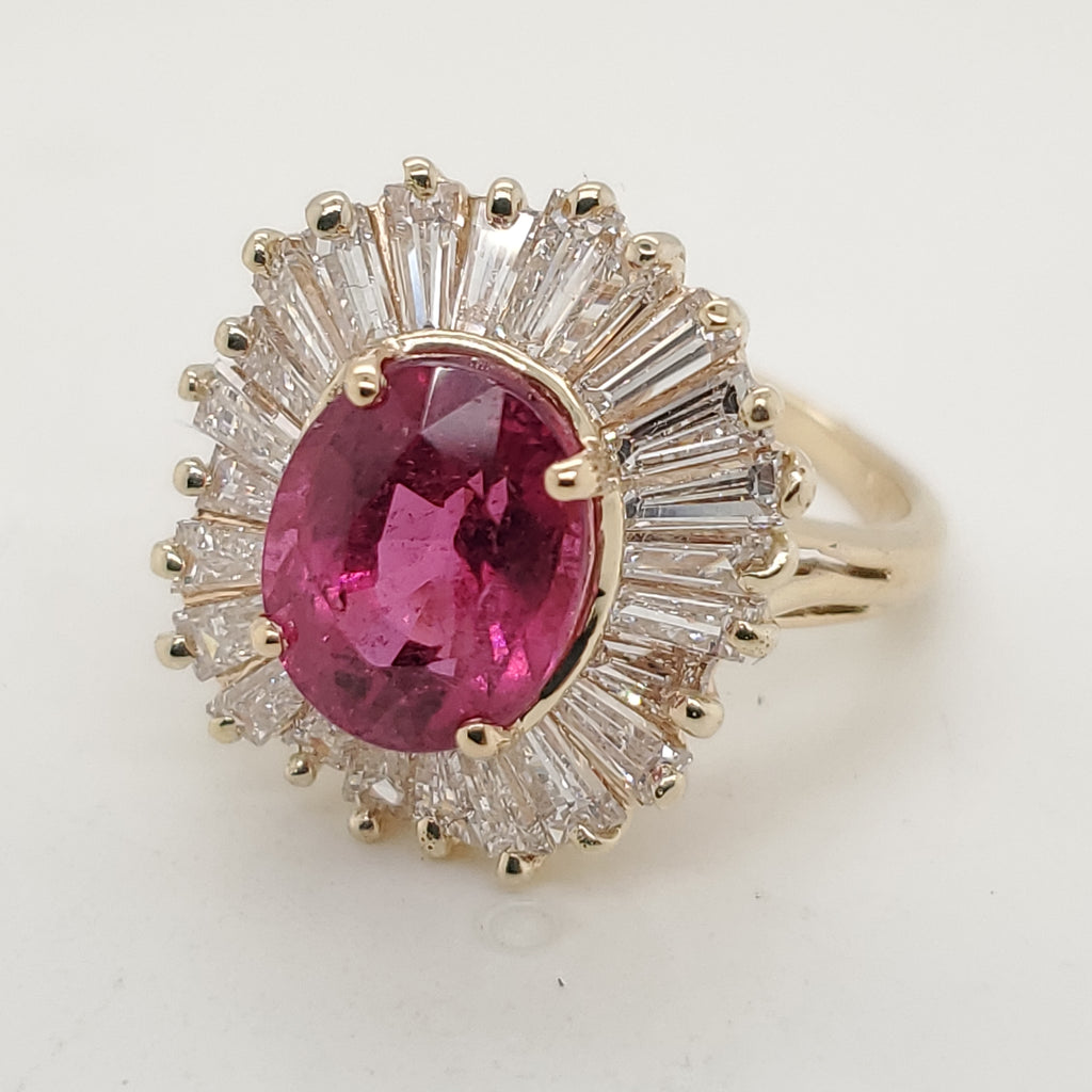 14kt Yellow Gold Pink Tourmaline and Baguette Diamond Ballerina Style Ring