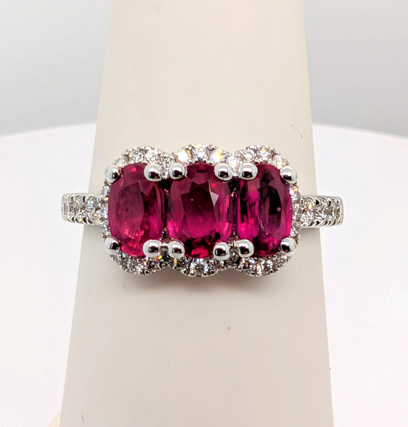 14K White Gold 1.51ctw Triple Oval Ruby and Diamond Halo Style Ring 0.34ctw