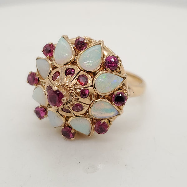 Vintage 1960S 14kt Yellow Gold Opal and Ruby Pagoda Ring