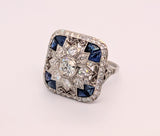 Vintage Platinum Diamond and Sapphire Statement Ring with 0.54ct European Cut Diamond Center