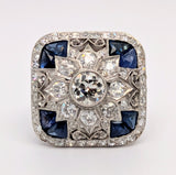 Vintage Platinum Diamond and Sapphire Statement Ring with 0.54ct European Cut Diamond Center