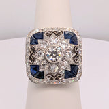 Vintage Platinum Diamond and Sapphire Statement Ring with 0.54ct European Cut Diamond Center