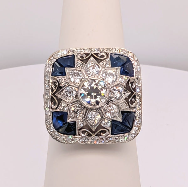 Vintage Platinum Diamond and Sapphire Statement Ring with 0.54ct European Cut Diamond Center