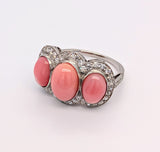Platinum Tri-Stone Oval Conch Pearl and Diamond Halo Ring