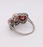 Platinum Tri-Stone Oval Conch Pearl and Diamond Halo Ring