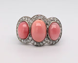 Platinum Tri-Stone Oval Conch Pearl and Diamond Halo Ring