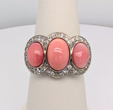 Platinum Tri-Stone Oval Conch Pearl and Diamond Halo Ring