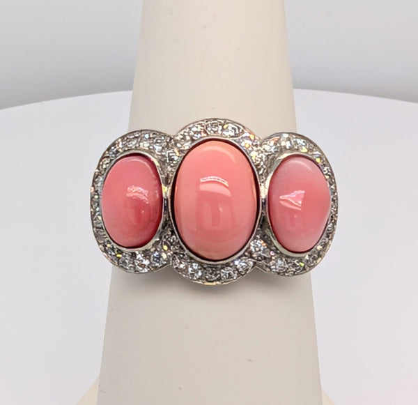 Platinum Tri-Stone Oval Conch Pearl and Diamond Halo Ring