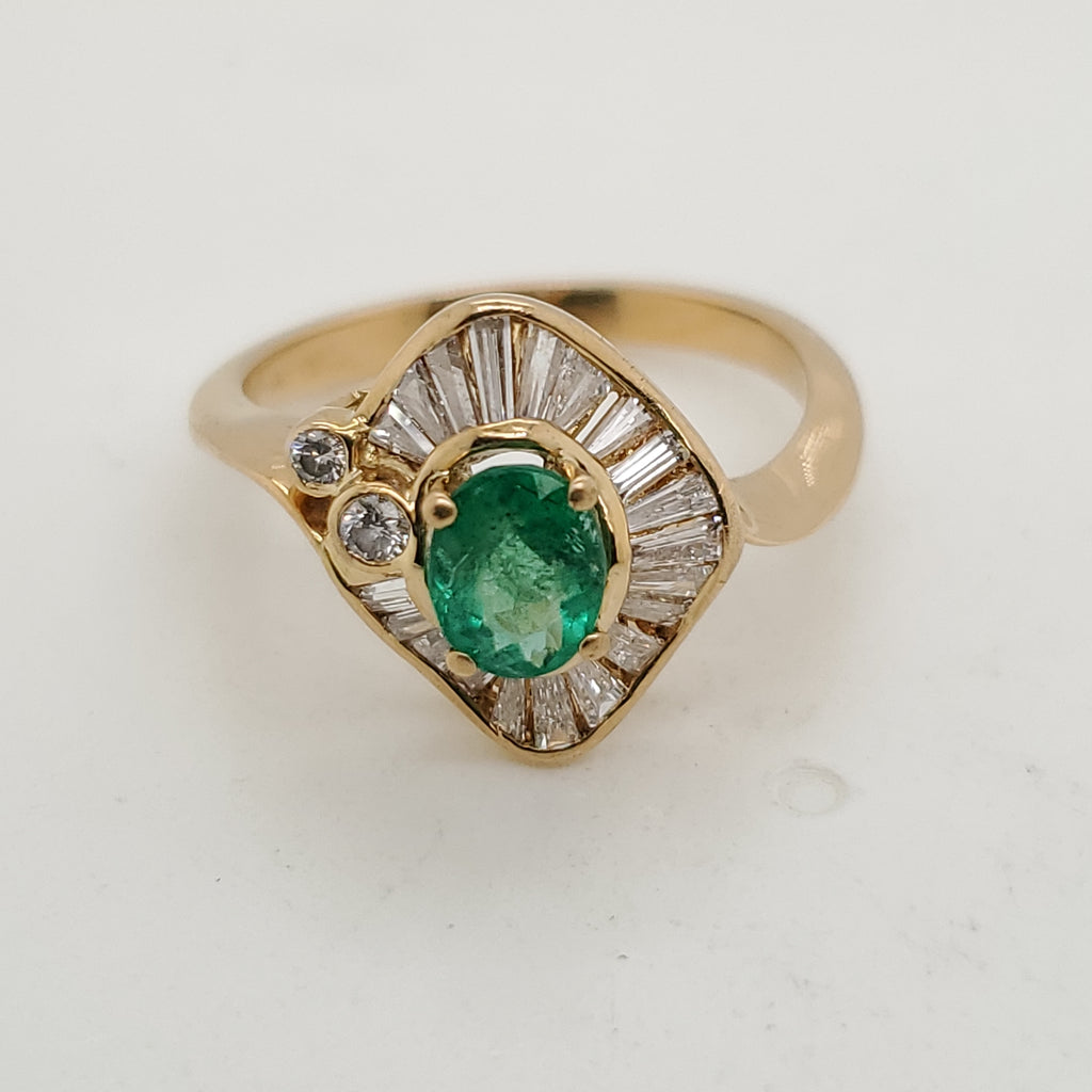 18kt Yellow Gold Emerald and Diamond Bypass Design Ring Signed Mayors