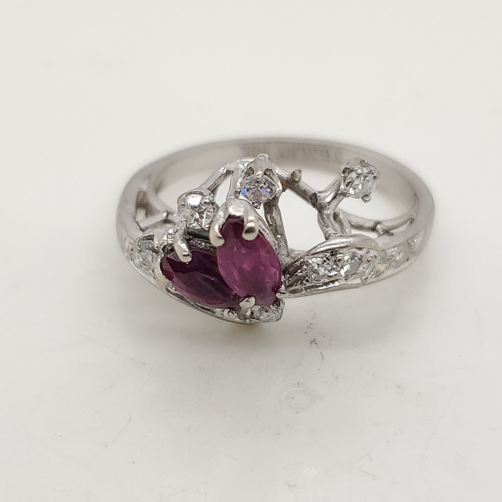 Vintage 14kt White Gold Diamond & Ruby Ring