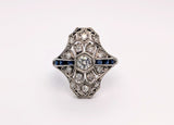 Vintage 14K White Gold Old Mine Cut Diamond and Blue Sapphire Ring