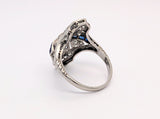 Vintage 14K White Gold Old Mine Cut Diamond and Blue Sapphire Ring