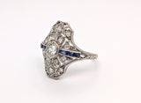 Vintage 14K White Gold Old Mine Cut Diamond and Blue Sapphire Ring