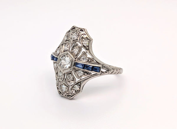 Vintage 14K White Gold Old Mine Cut Diamond and Blue Sapphire Ring