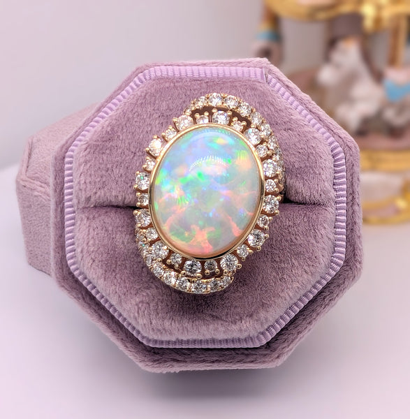 14K Yellow Gold Opal and Diamond Bypass Ring