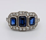 Platinum 3-Stone Sapphire Ring with Single Cut Diamonds