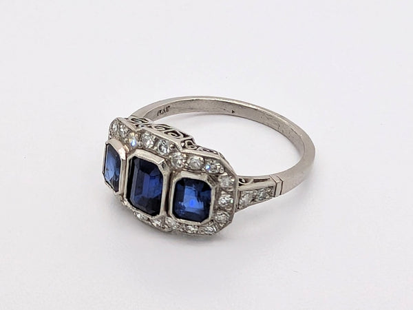 Platinum 3-Stone Sapphire Ring with Single Cut Diamonds