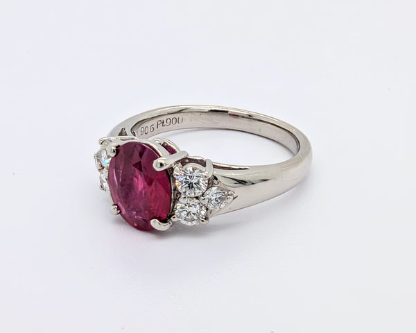 Platinum Ring with Oval Ruby and Round Brilliant Diamonds