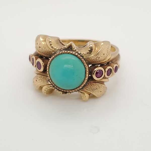 Vintage 18Kt Yellow Gold Turquoise And Ruby Ring