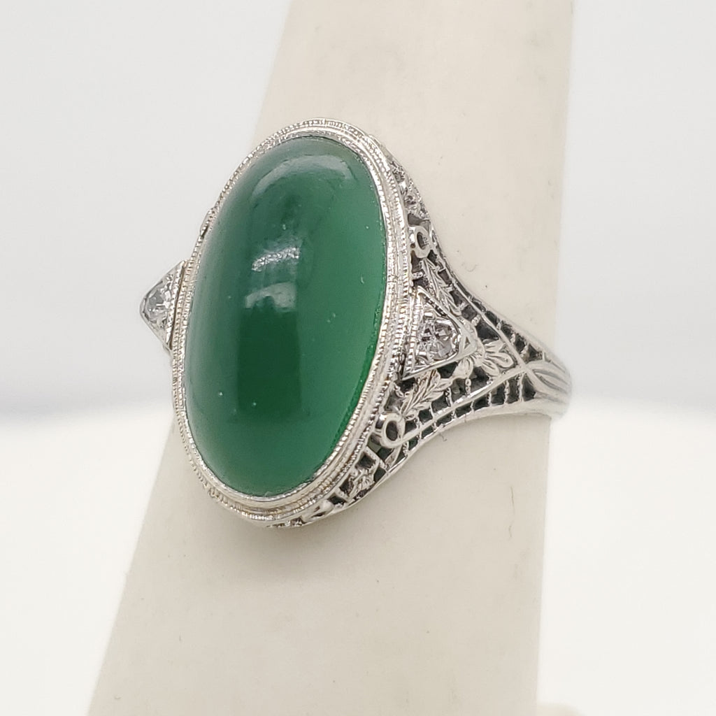 Art Deco 14kt White Gold Green Chrysoberyl and Diamond Ring
