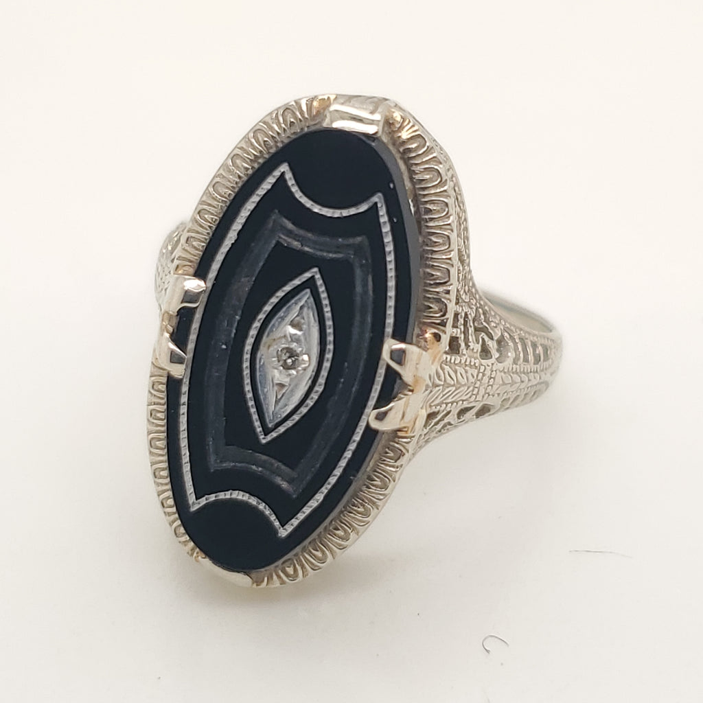 Art Deco 14kt White Gold Onyx and DiamondFiligree Ring