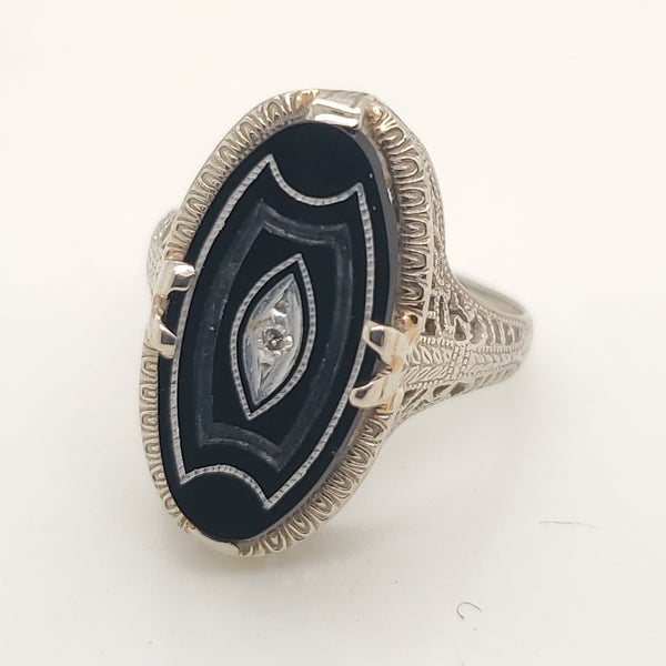 Art Deco 14kt White Gold Onyx and DiamondFiligree Ring