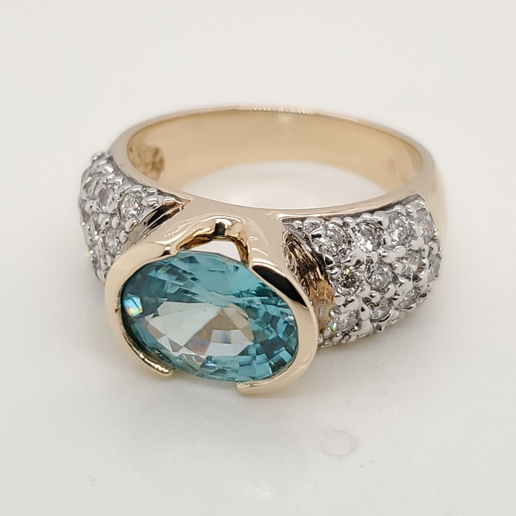 14kt Yellow Gold Blue Tourmaline and Diamond Ring