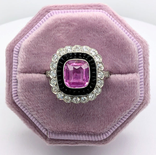 Platinum Fancy Pink Sapphire and Black Onyx Ring