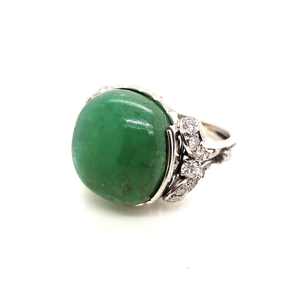 14Kt White Gold  17 Carat Cabochon Cut Emerald And Diamond Ring