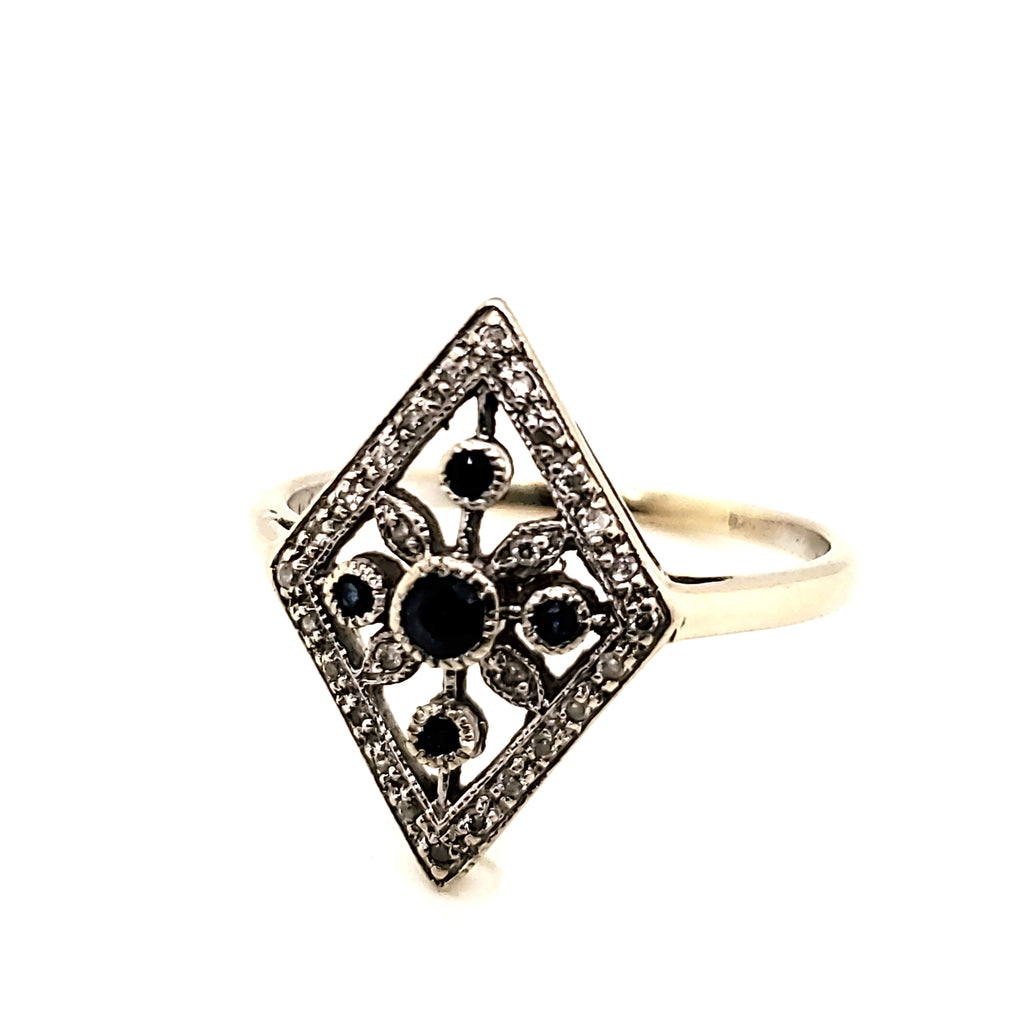 14kt White Gold Sapphire and Diamond Filigree Dinner Ring