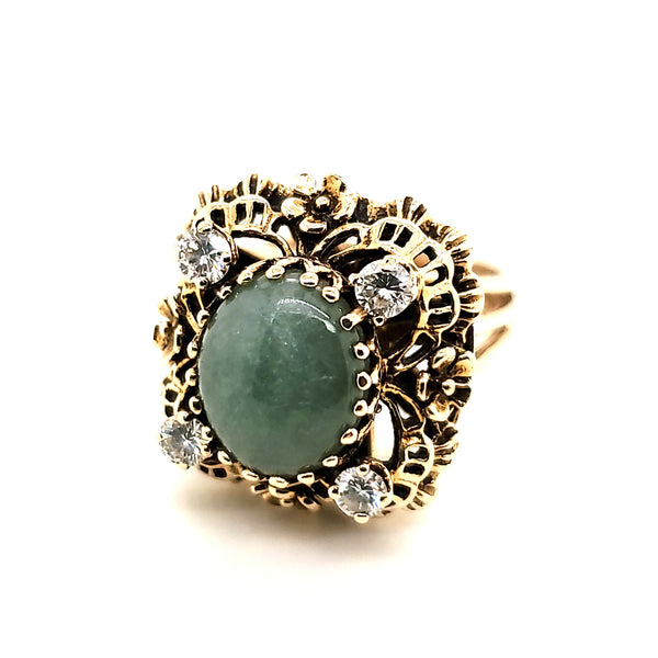 Vintage 14kt Yellow Gold Jadeite Jade and Diamond Ring