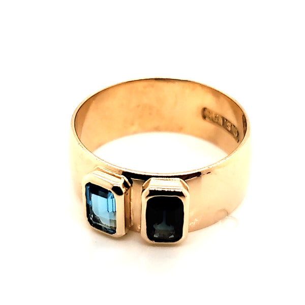 Vintage 18kt Yellow Gold Emerald Cut Blue Topaz and Blue Green Sapphire Ring