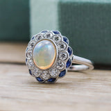 18kt White Gold Opal, Diamond, And Sapphire Ring