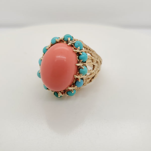 Vintage 14kt Yellow Gold Coral and Turquoise Ring
