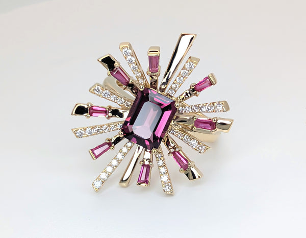 14K Yellow Gold Rhodolite Garnet, Diamond, and Pink Sapphire Ring