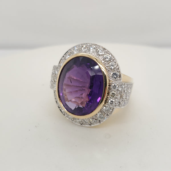 Large 18kt Yellow Gold Amethyst and Diamond Ring