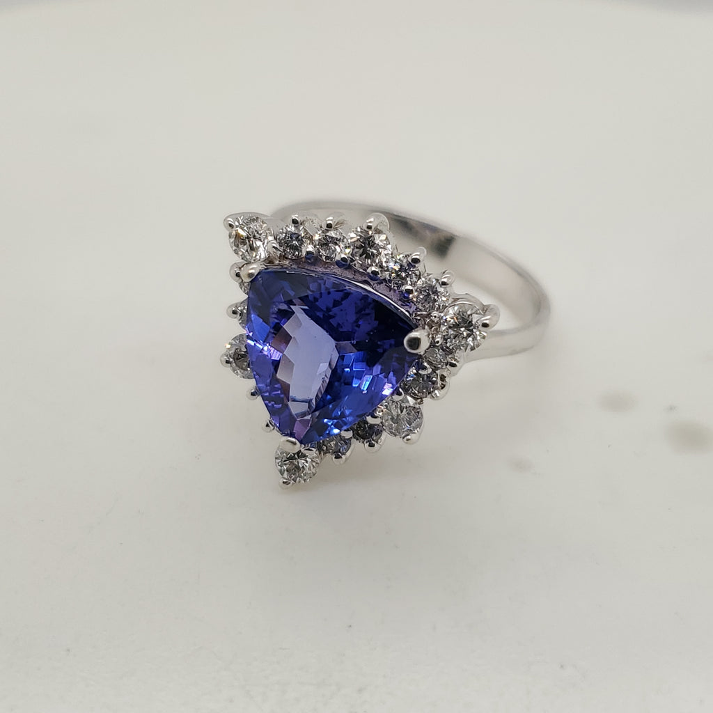 14Kt White Gold Carat Triangular Shaped Tanzanite And Diamond Ring