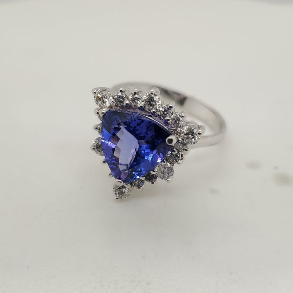 14Kt White Gold Carat Triangular Shaped Tanzanite And Diamond Ring