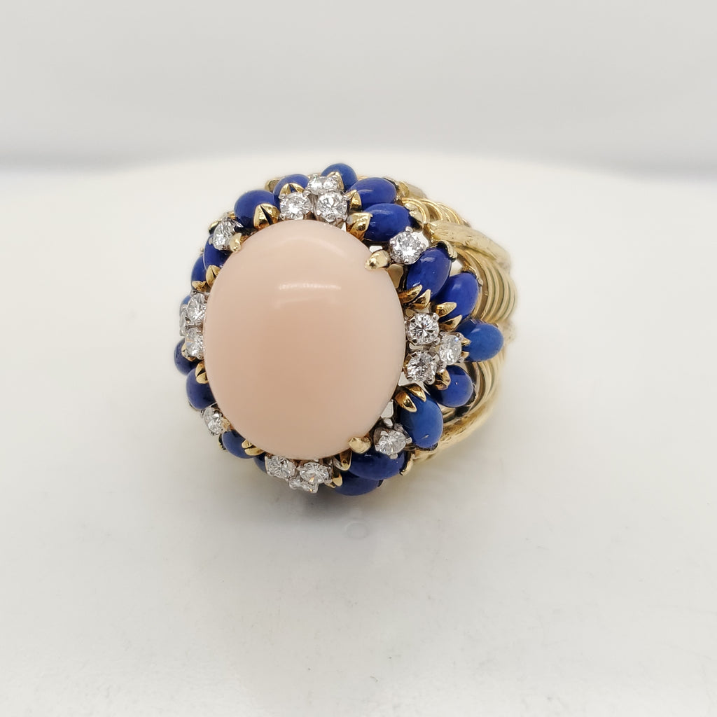 18kt Yellow Gold Coral Lapis and Diamond Ring
