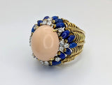 18kt Yellow Gold Coral Lapis and Diamond Ring